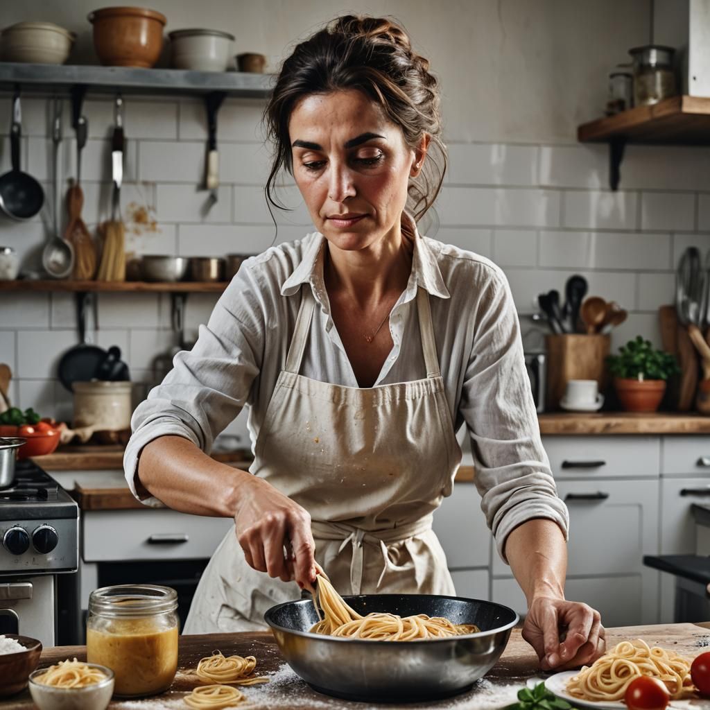 Italian Woman Prepares Pasta: Hyperrealistic Portrait