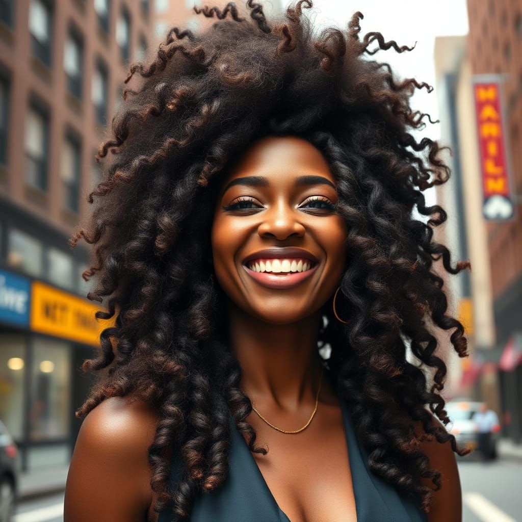 Smiling Woman with Voluminous Afro in New York