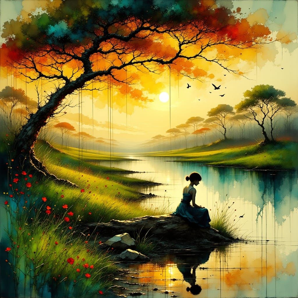 Golden Hour Sunset by River with Acacia Tree