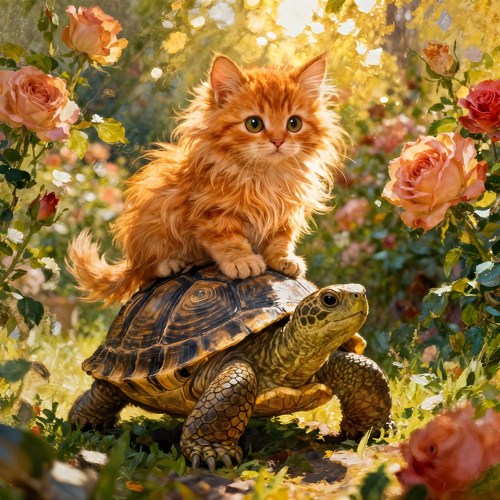 Orange Kitten Rides Tortoise Through Roses