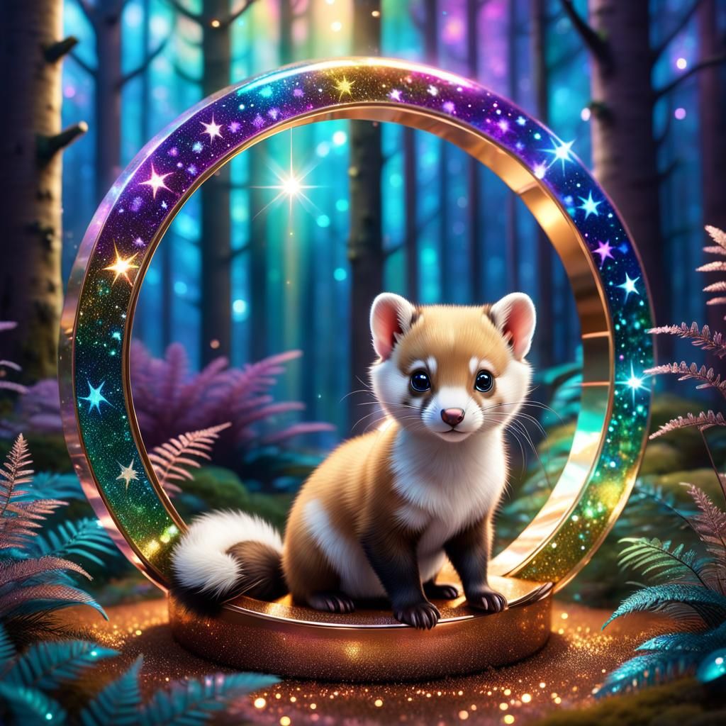 Photorealistic Ferret Cub in Cosmic Forest