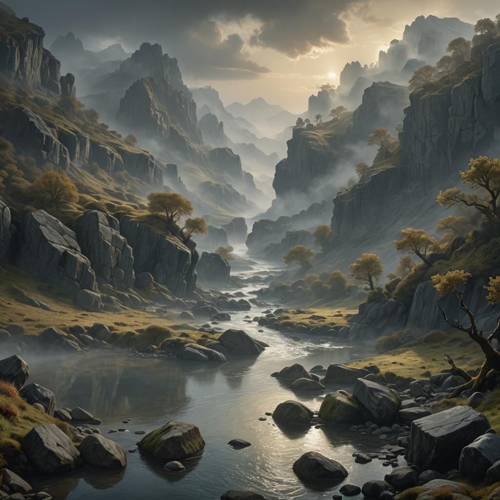 Pre-Raphaelite River Valley in Morning Light