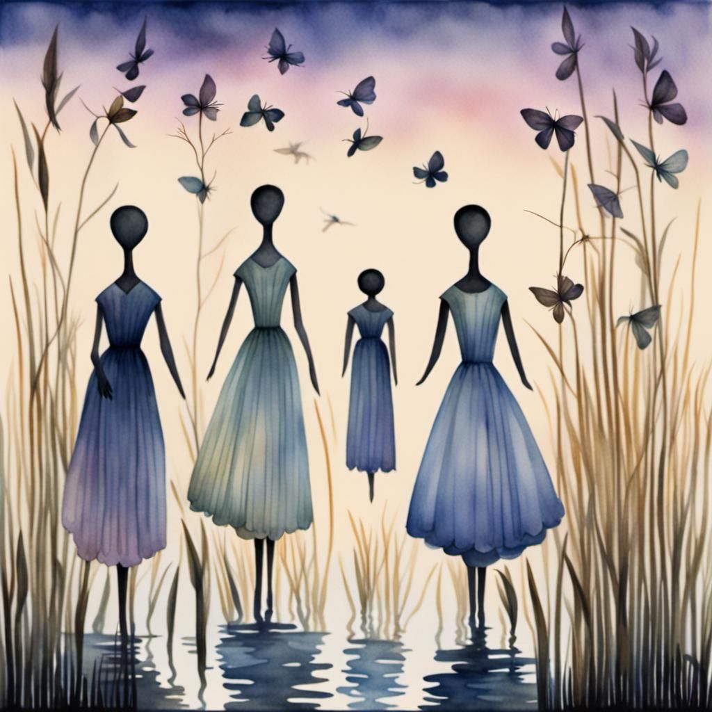 Watercolor Paper Dolls in Holy Marshes at Twilight