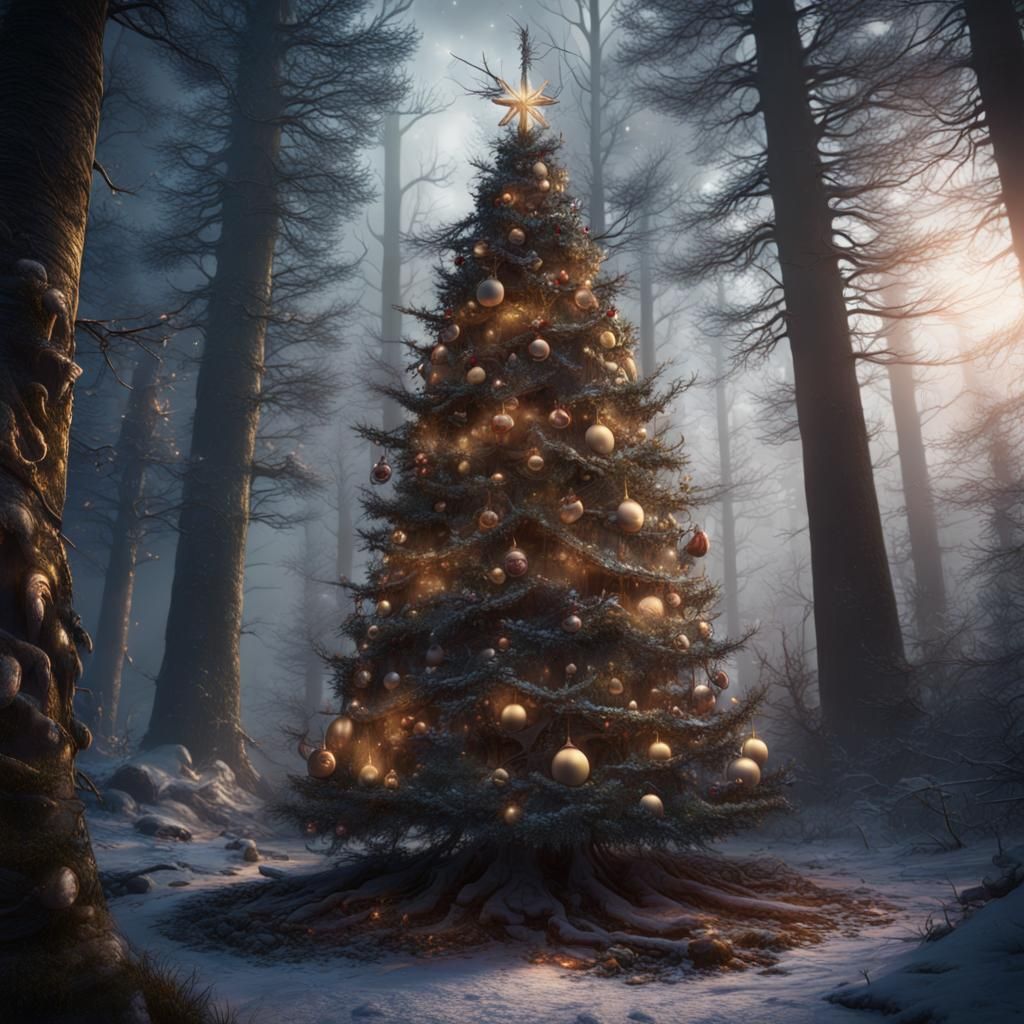 Christmas Tree in Dark Forest: Matte Painting