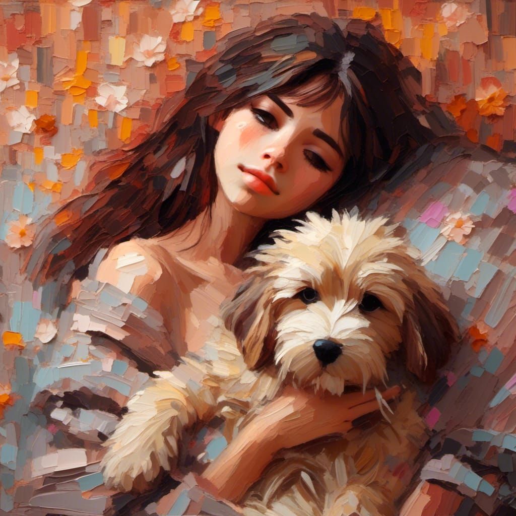 Young Person Holding Puppy as Impasto Painting