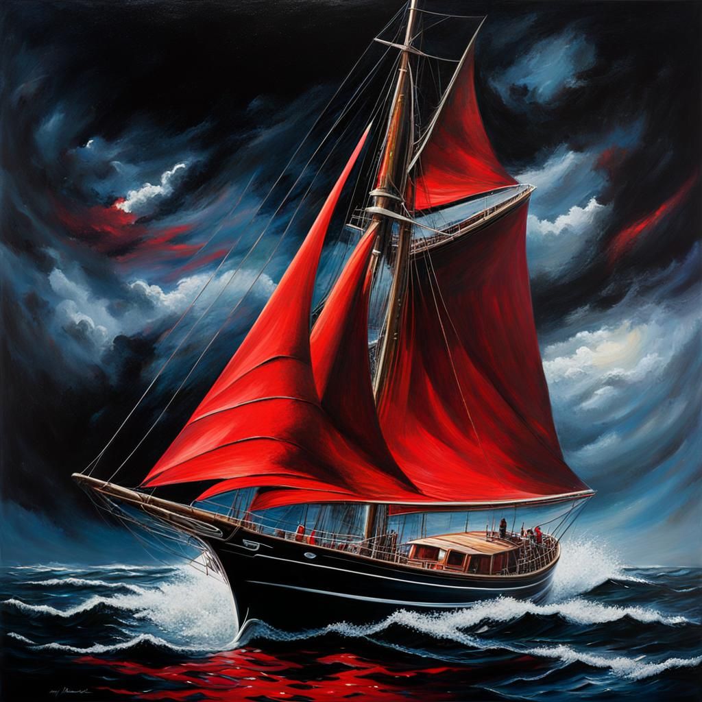 Sailing Adventure with Red Sails in Oil Painting Style