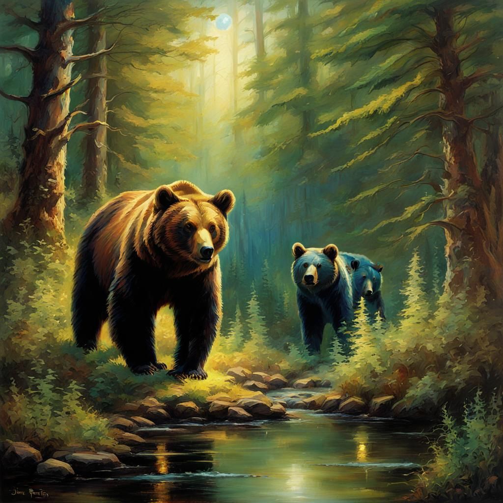 Fantasy Bears in Forest, Historical Painting Style