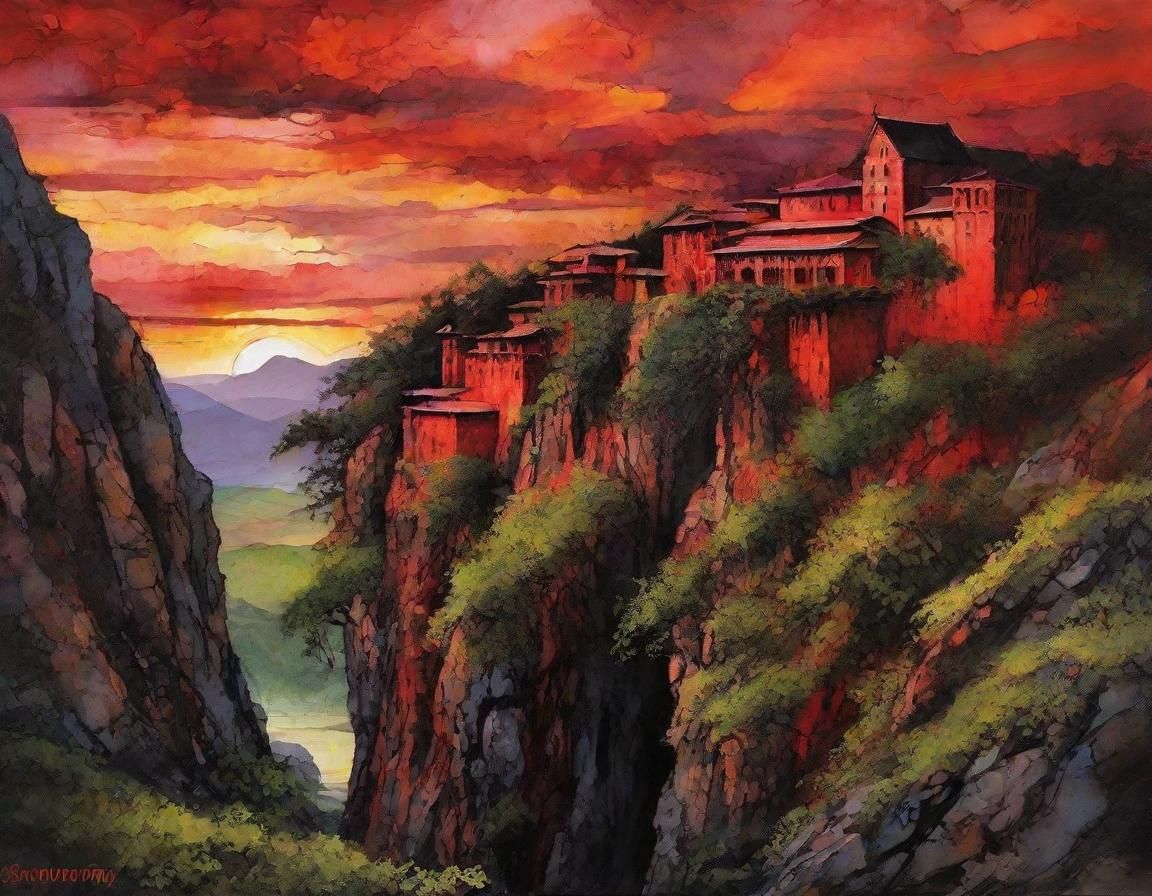 Crimson Monastery on Cliff: Romantic Landscape Painting