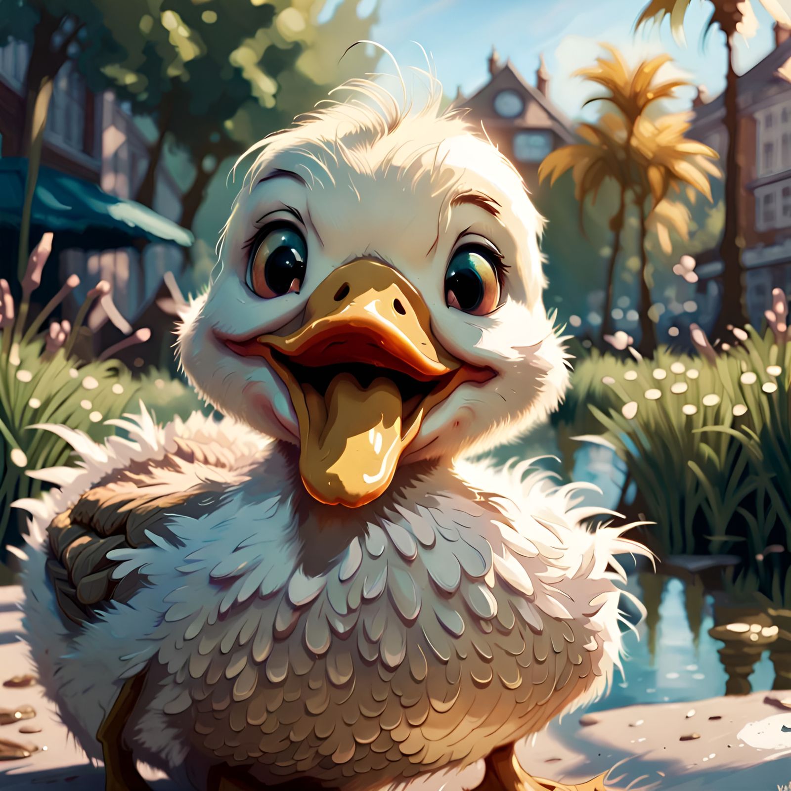Laughing Cartoon Duck Portrait in Soft Fluffy Style