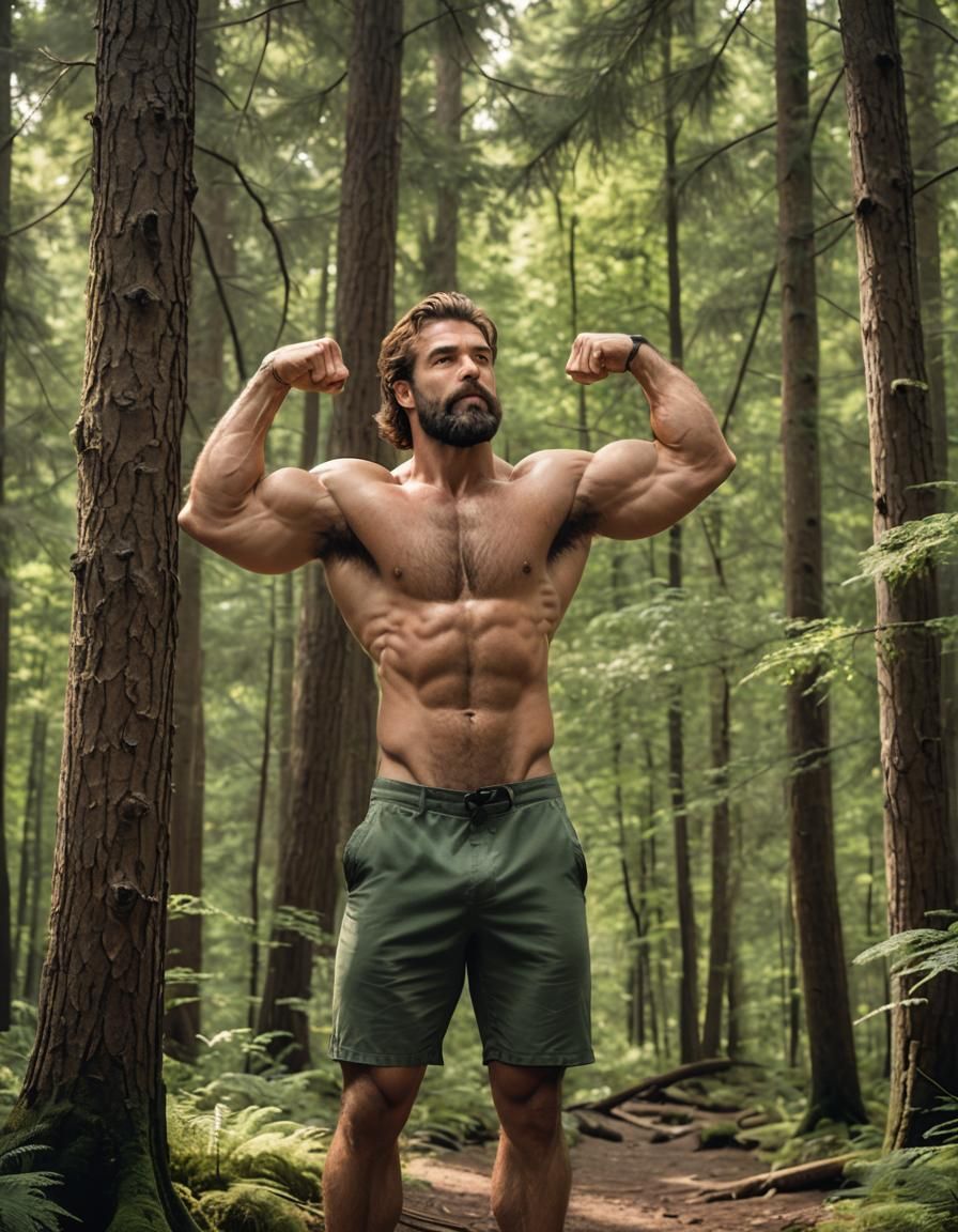 Shirtless Bodybuilder Flexing in Forest