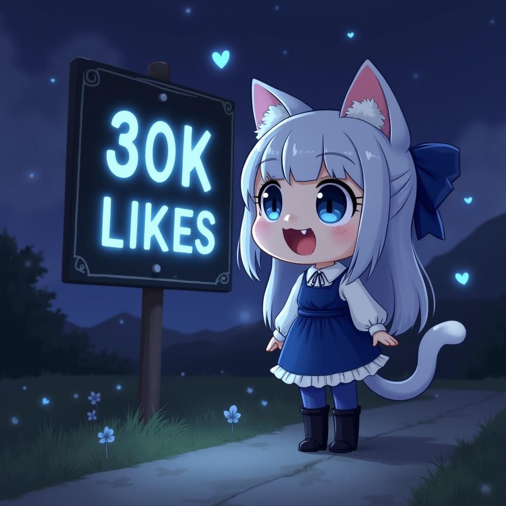 Anime Catgirl Celebrates 30K Likes Under a Dark Starry Night