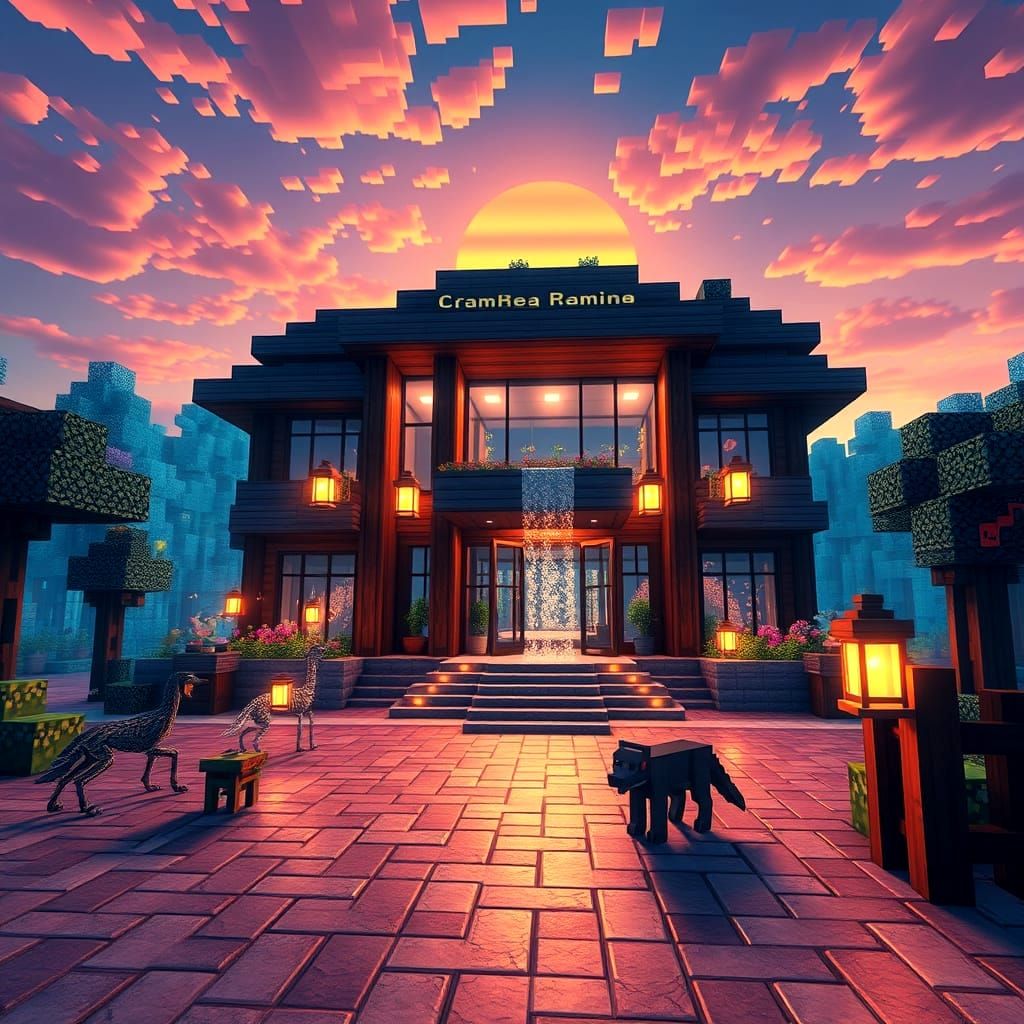 Vibrant Minecraft Mansion Under Pixelated Sunset