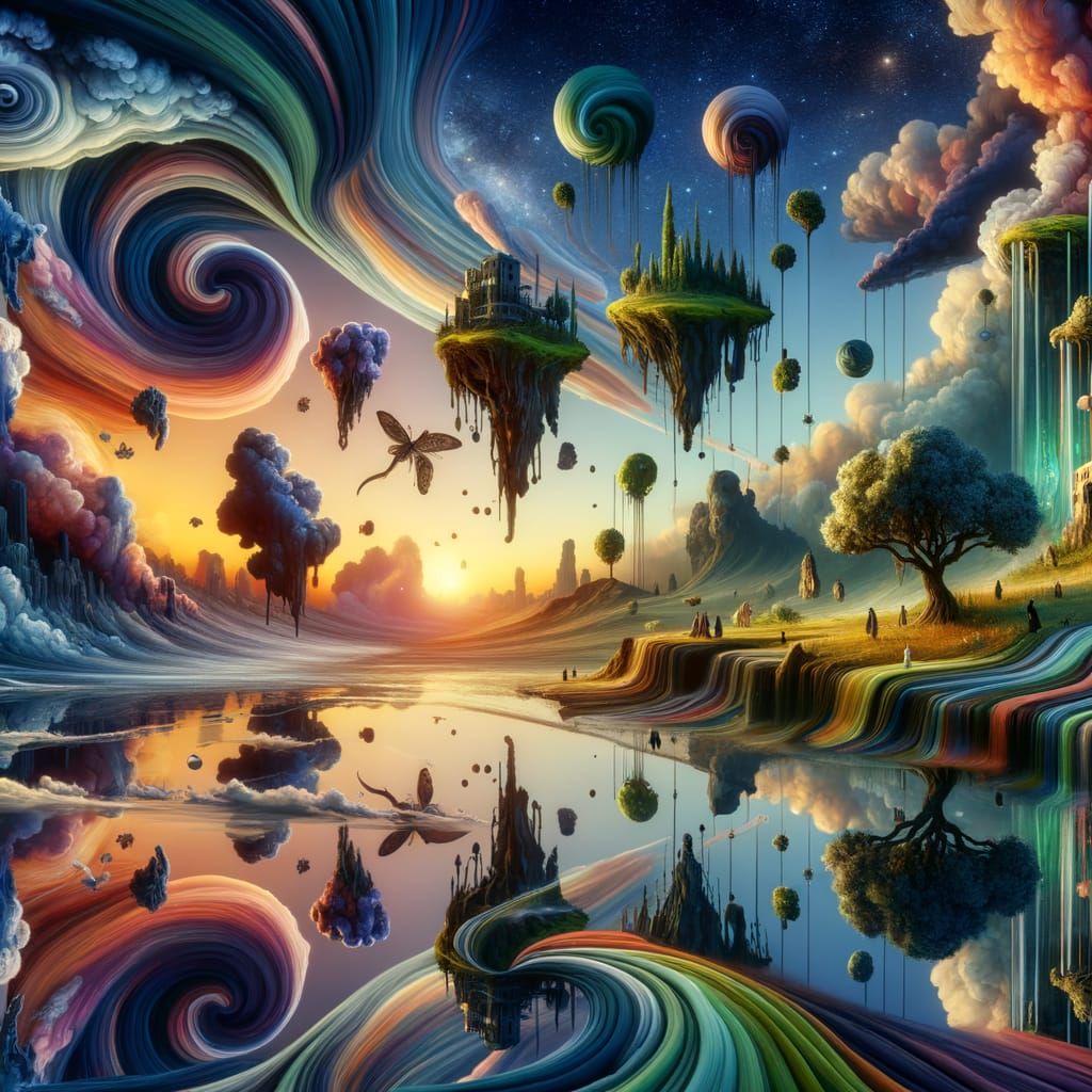 Surreal Melting World with Floating Islands and Upward River...