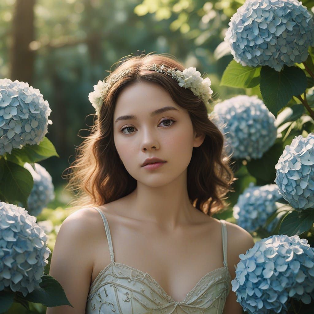Ethereal Hydrangea Flower Fairy in Soft Golden Light
