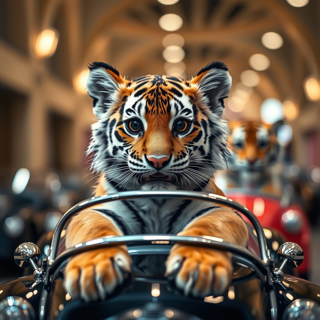 An adorable tiger driving