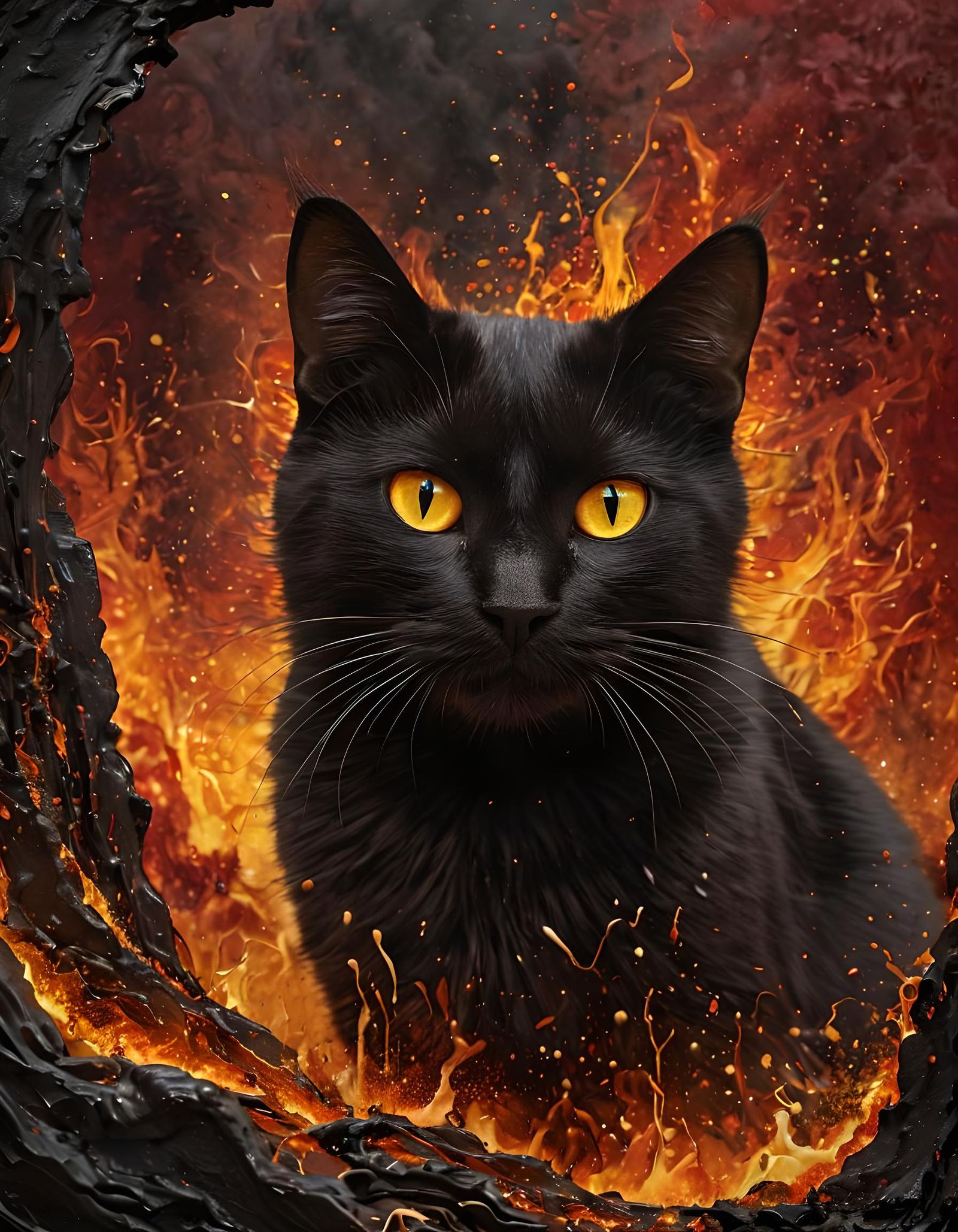 Fiery Dream: Vivid Black Cat with Golden Eyes