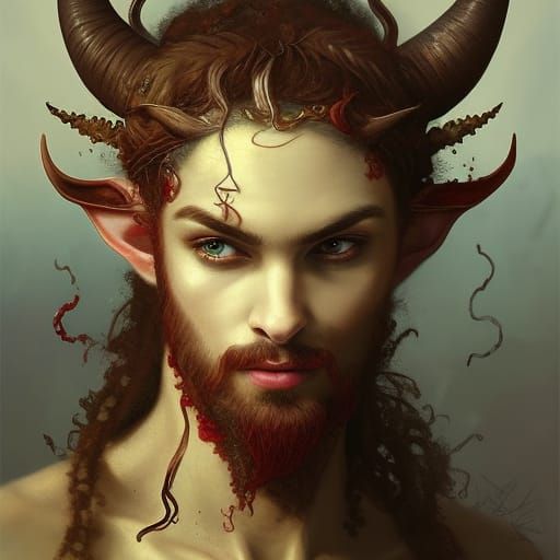 Satyr Portrait with Leaf Hair, Detailed Fantasy Art