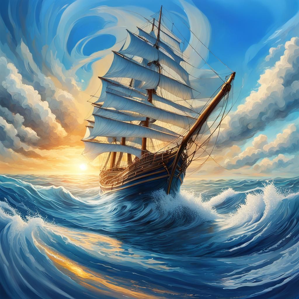Sailing Ship on Swirling Sea: Hyperrealistic Splash Art