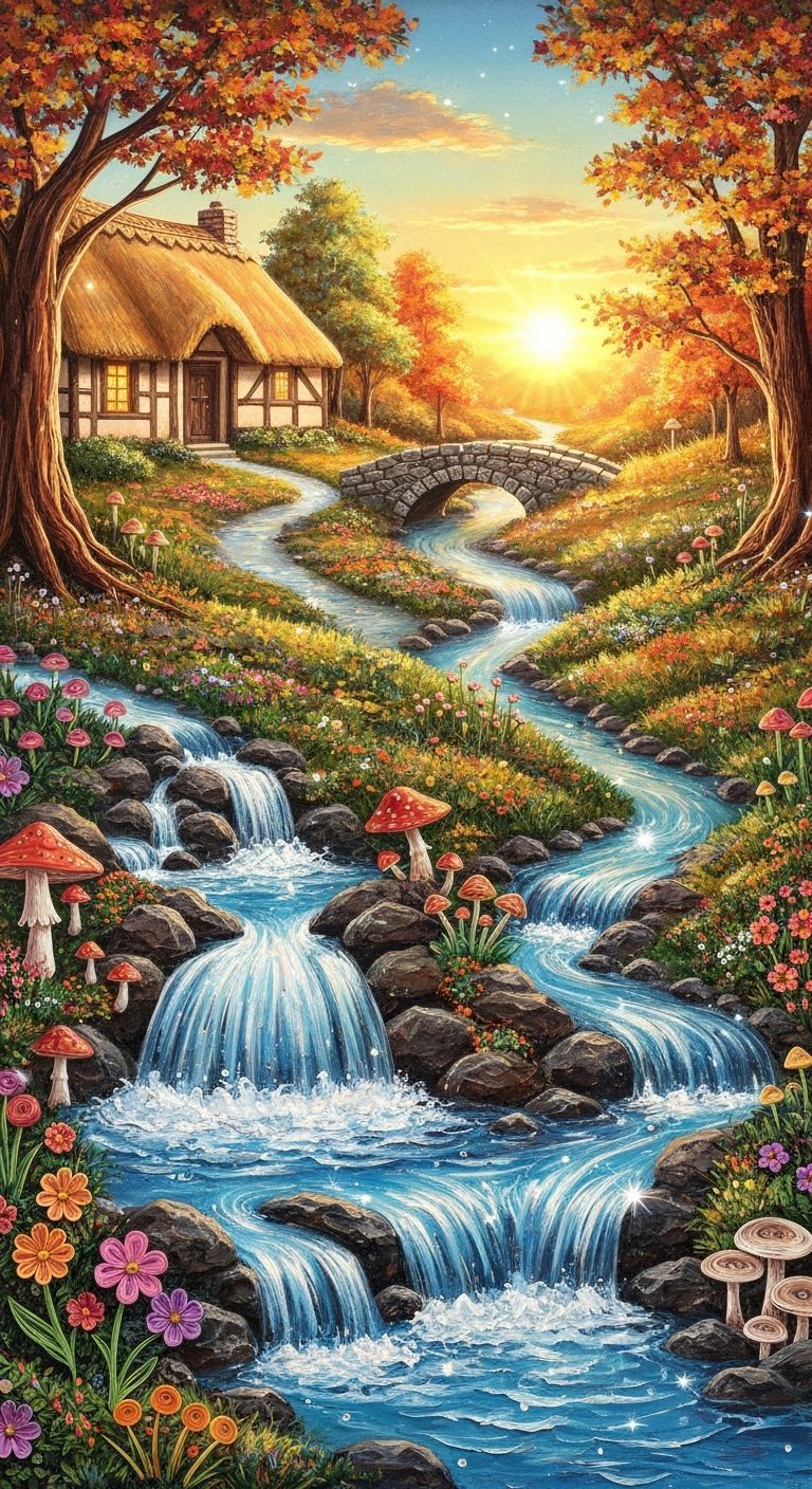 Origami Woodland Garden With Autumn Waterfall and Cottage