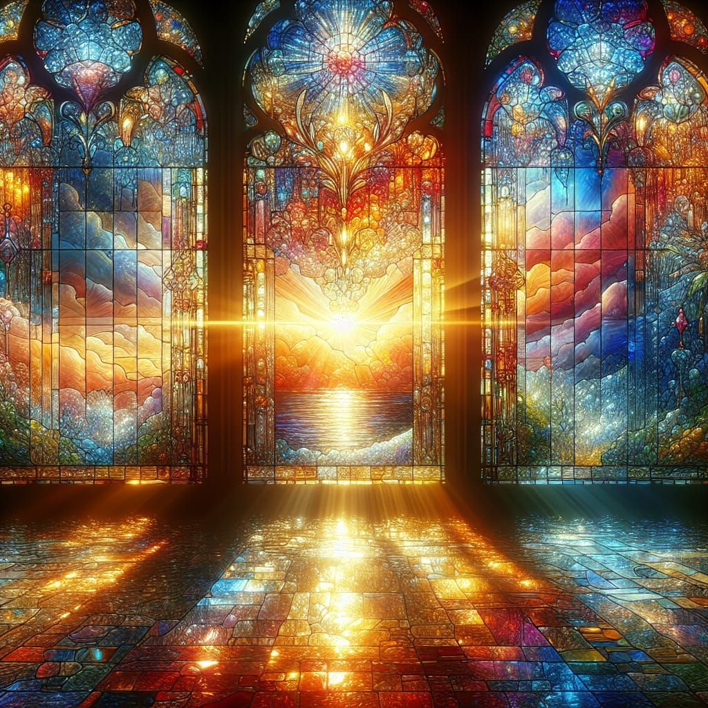 Luminous Stained Glass with Crystal Cubism Motifs