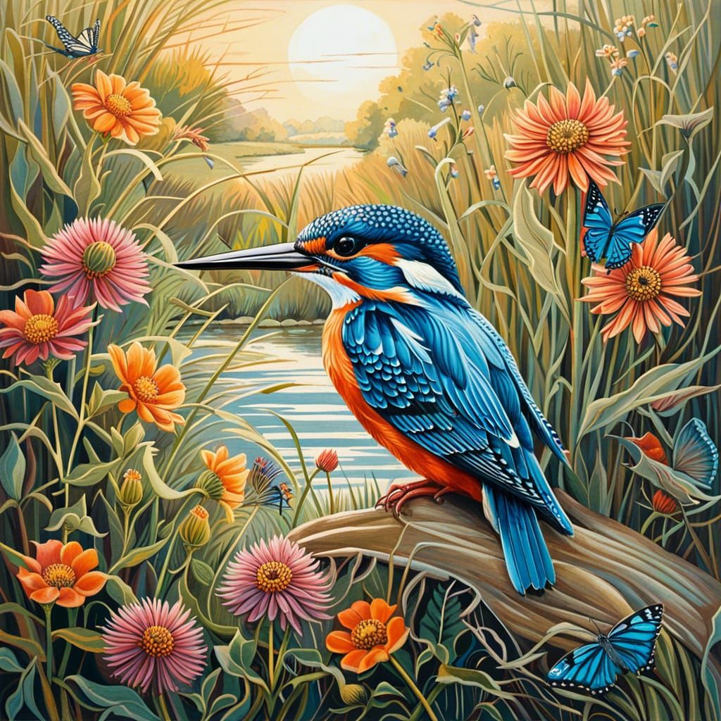 Kingfisher with Wildflowers in Morning Light