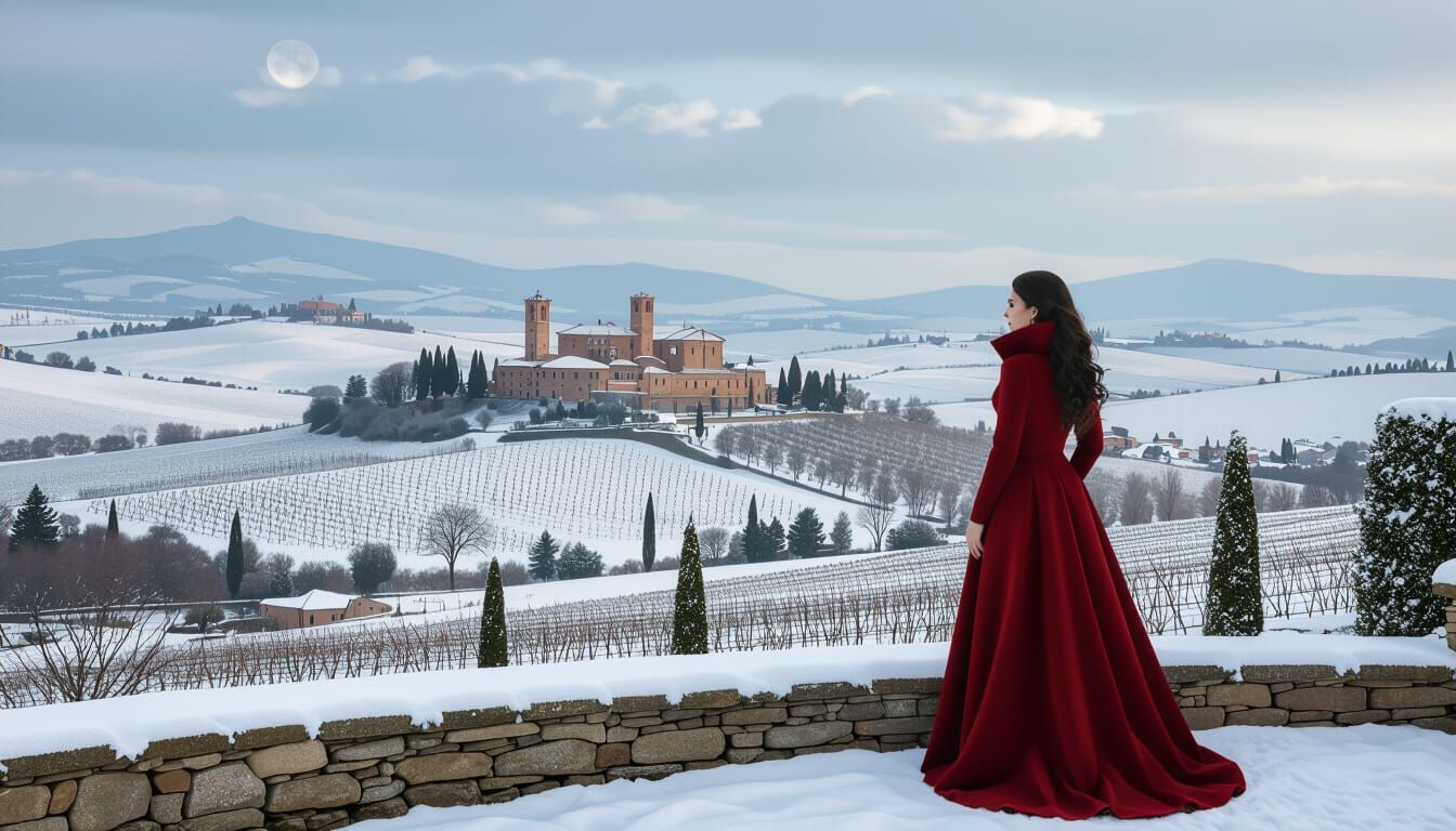 Vampire Overlooking Winter Tuscany Landscape