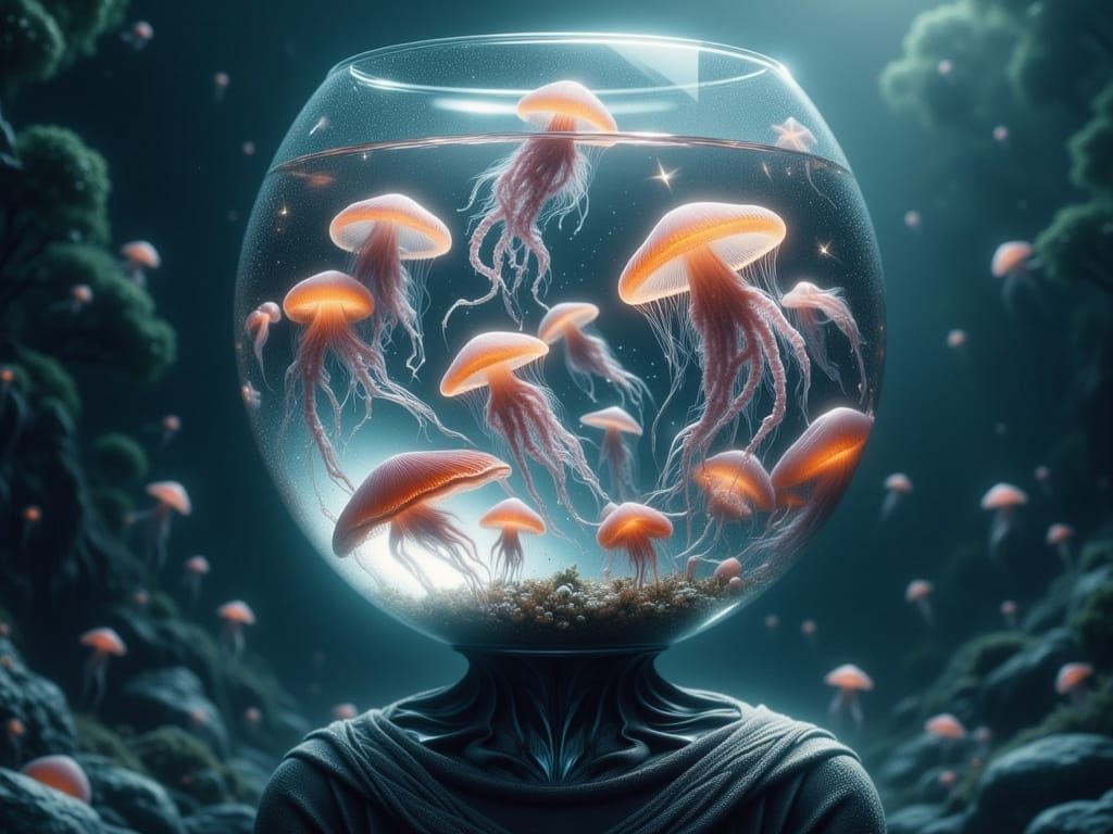 Ethereal Human Form with Glass Fishbowl Head Containing Glow...