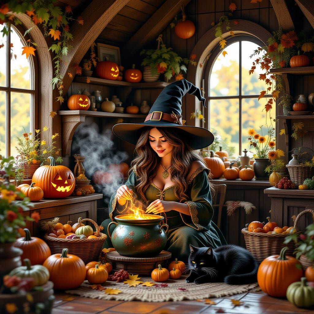 Whimsical Witch Brewing Potion in Cozy Autumn Cottage