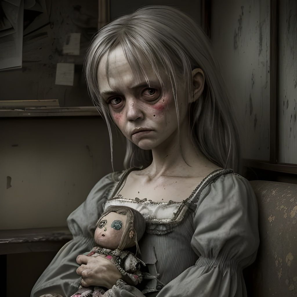 Sad Doll Awaits Repair in Hyperrealistic Style
