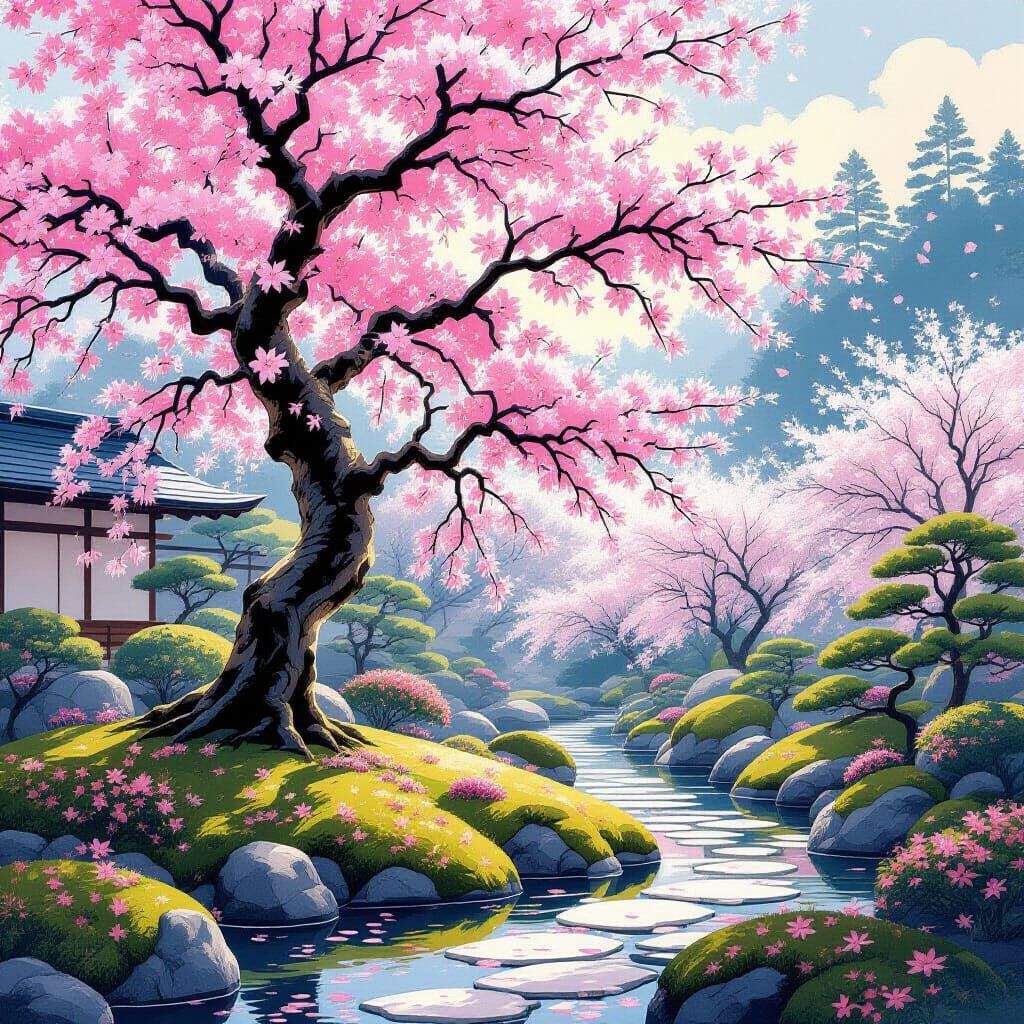 Japanese Garden Cherry Blossoms in Spring Bloom