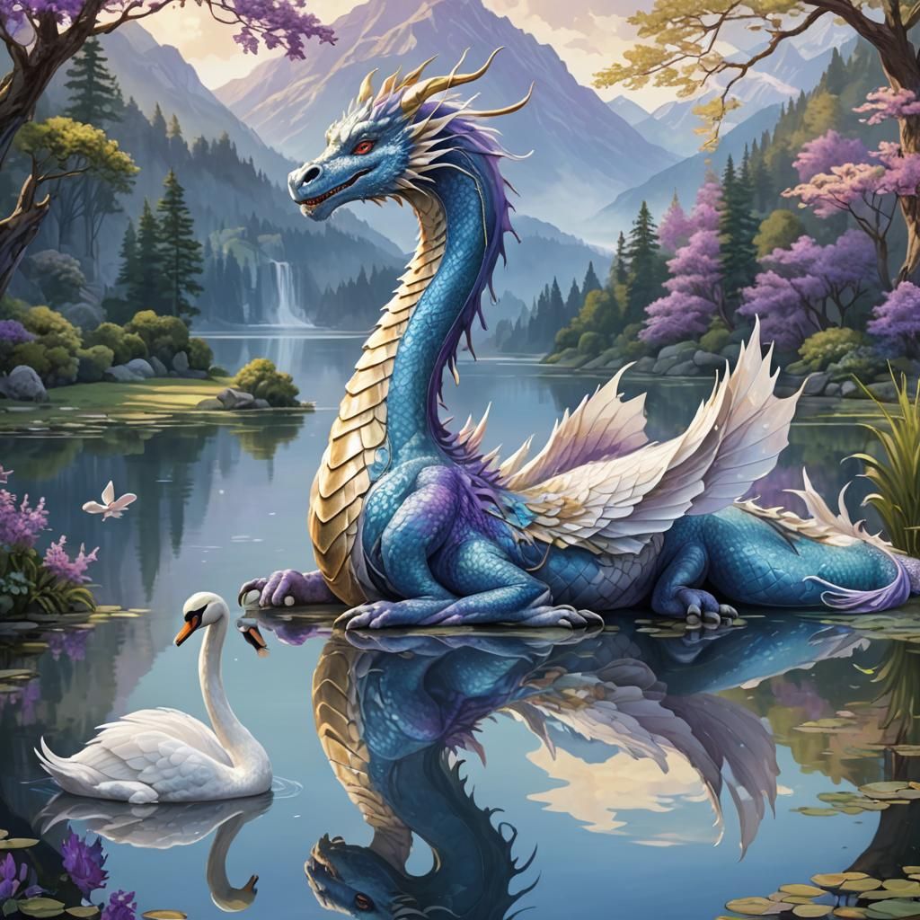 Enchanting Dragon and Swan Lakeside Scene
