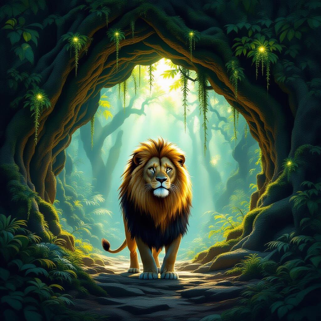 Majestic Lion Guards Luminous Cave in Enchanted Forest