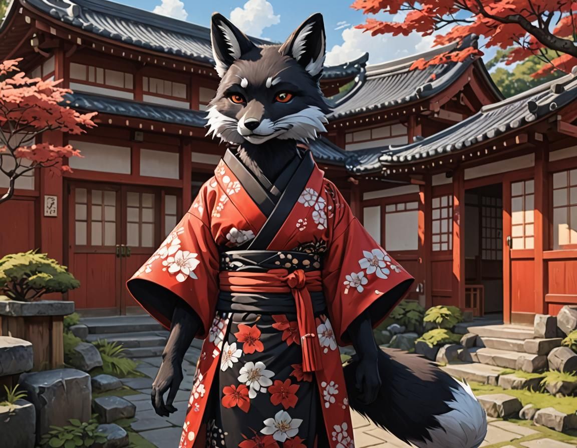 Fox in Kimono: Anime Style Japanese Scene
