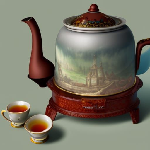 Tea Kettle and Cups: Detailed Matte Painting