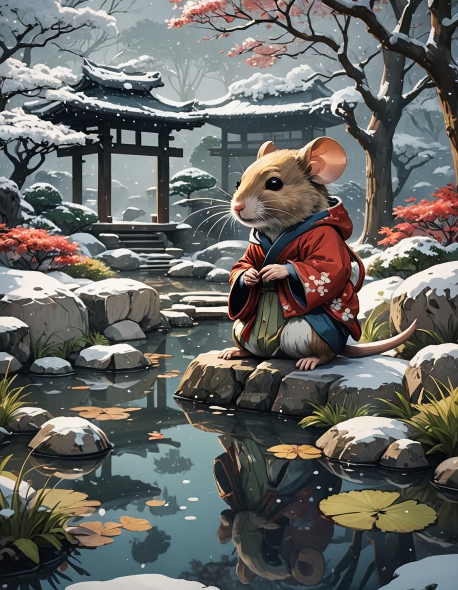 Japanese Garden Mouse in Winter: Anime Style
