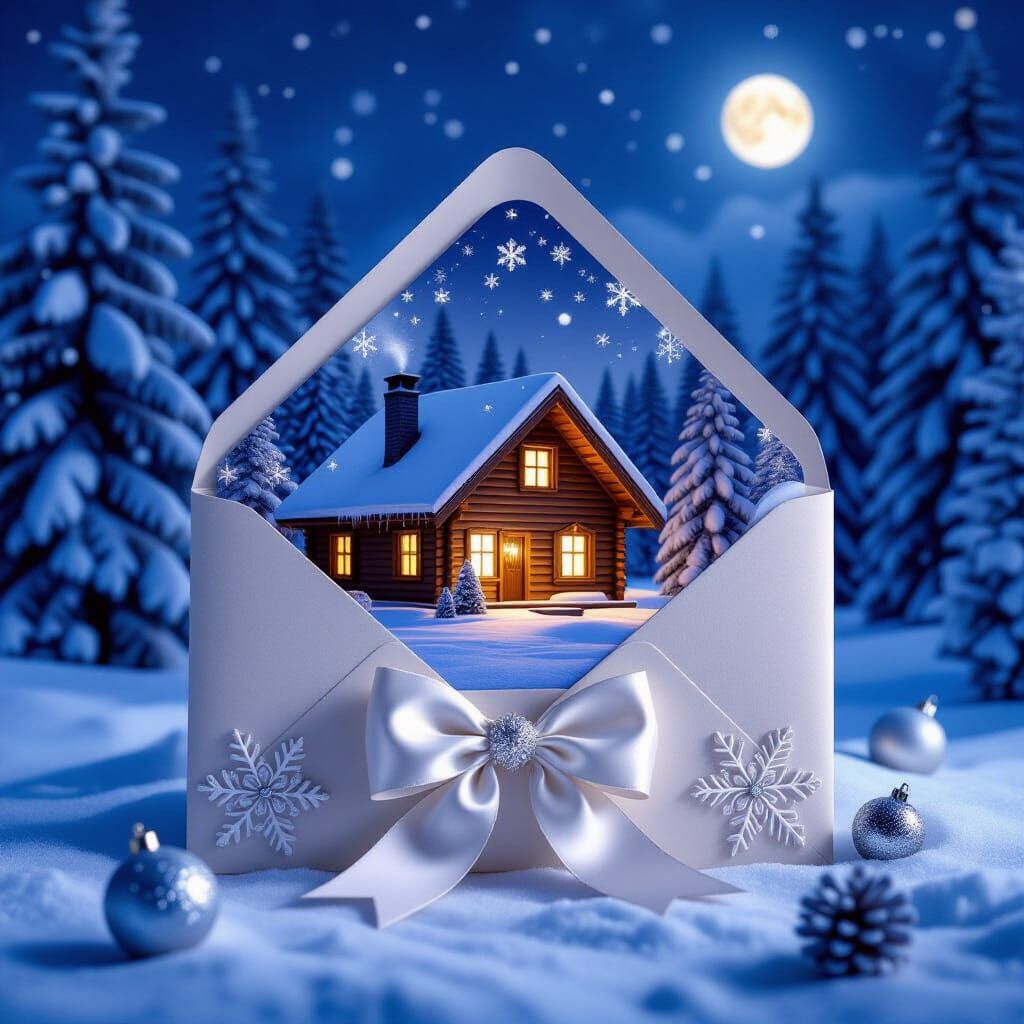 Cozy Winter Cabin in Snowy Night Scene