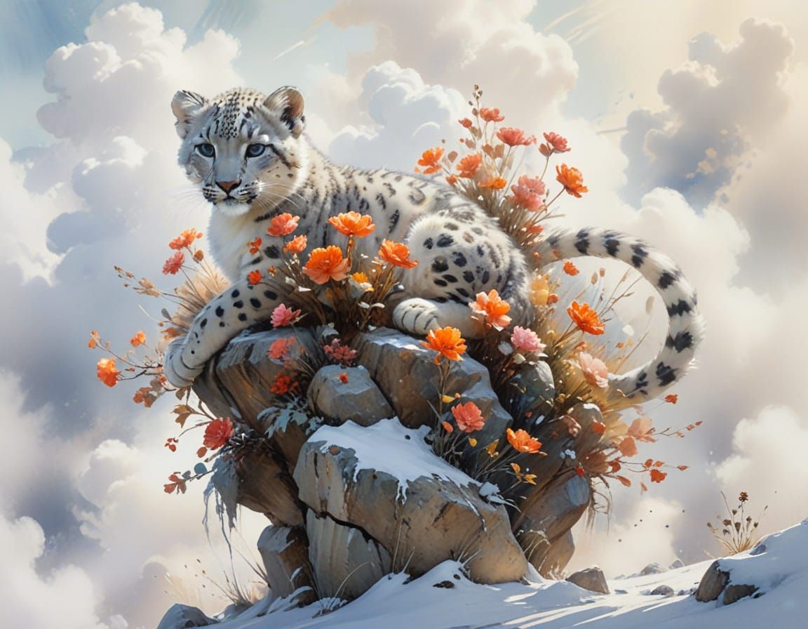 Snow Leopard Cub on Frosted Ridge: Watercolor Impressionism