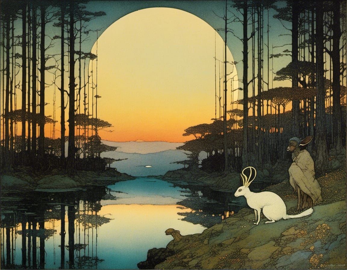 Rabbits in Wooded Glade, Golden Age Illustration