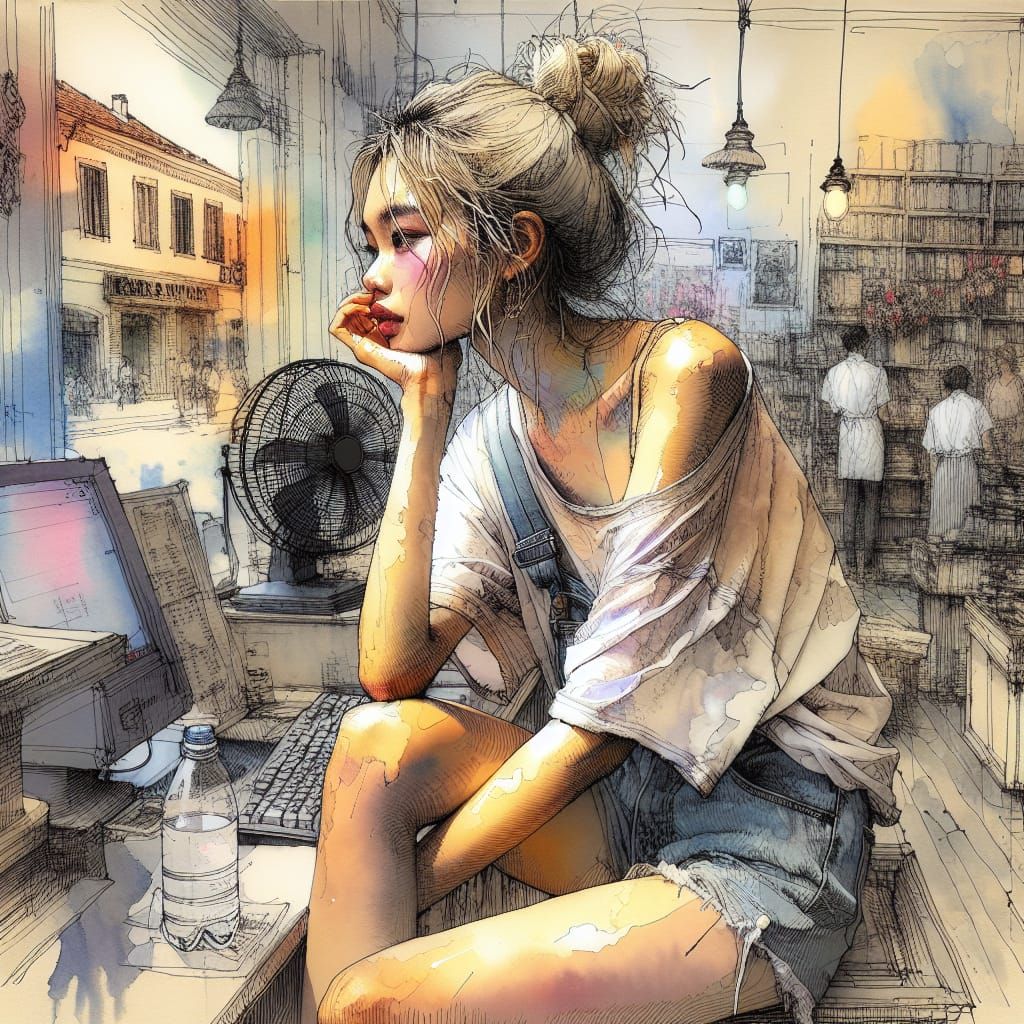 Vietnamese Woman in Bookstore, Watercolor Overspray Effect