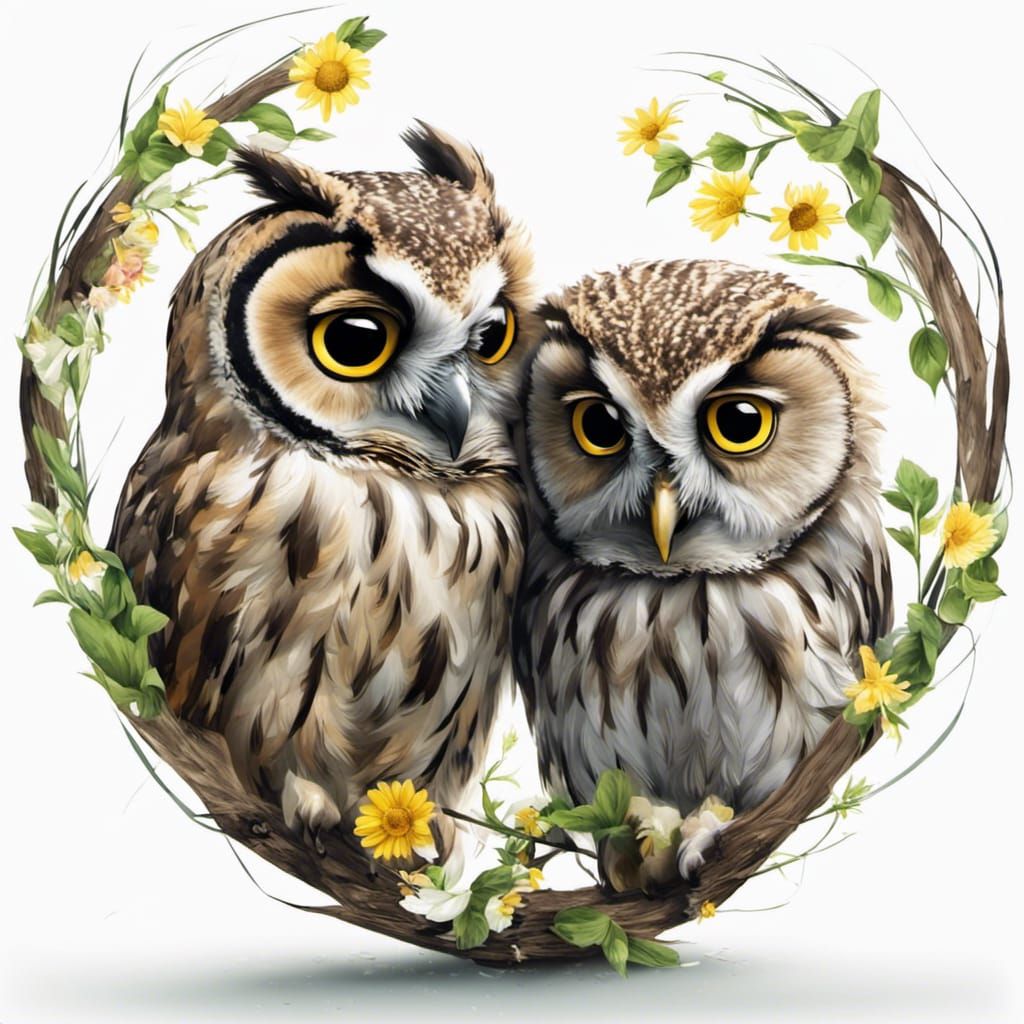 Two Owls in Summer Floral Circle Portrait