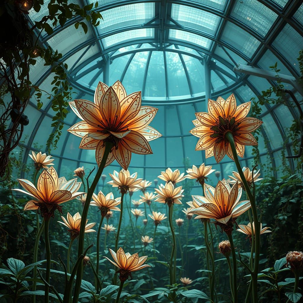 Futuristic Mechanical Flowers Unfurl in Luminous Greenhouse...