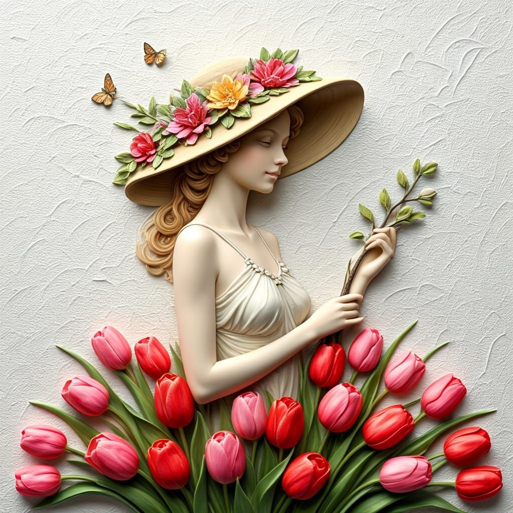 Elegant Woman with Floral Hat in Bas-Relief Style