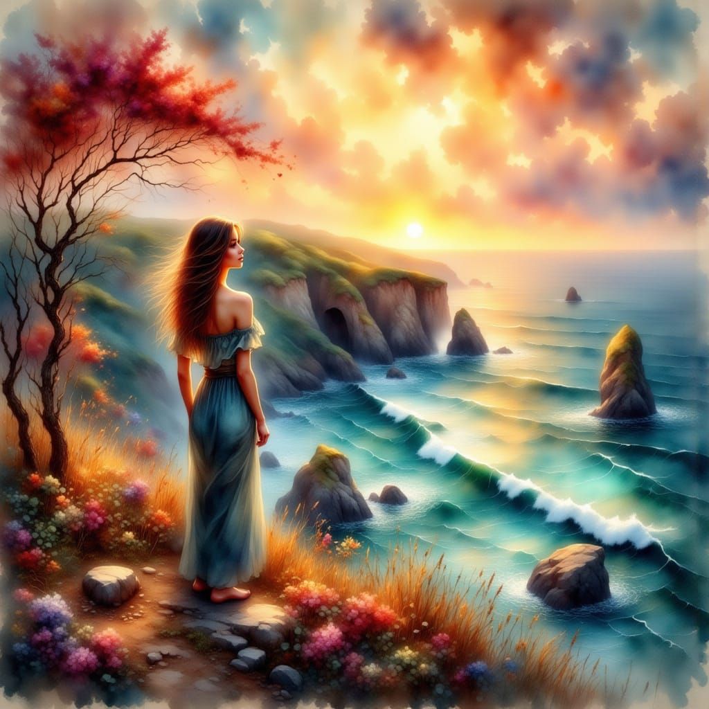 Woman Overlooking Ocean at Sunset in Watercolor Style