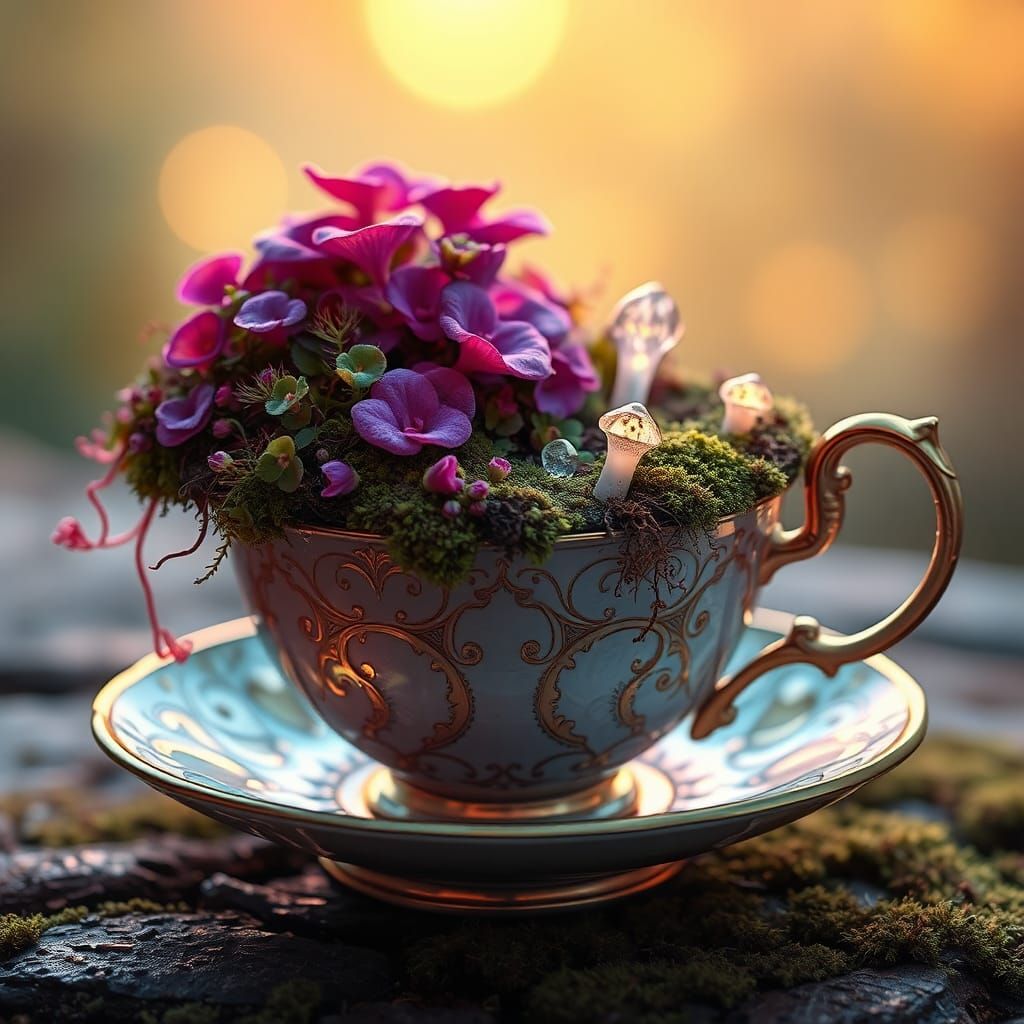 Miniature Ecosystem Teacup in Matte Painting Style