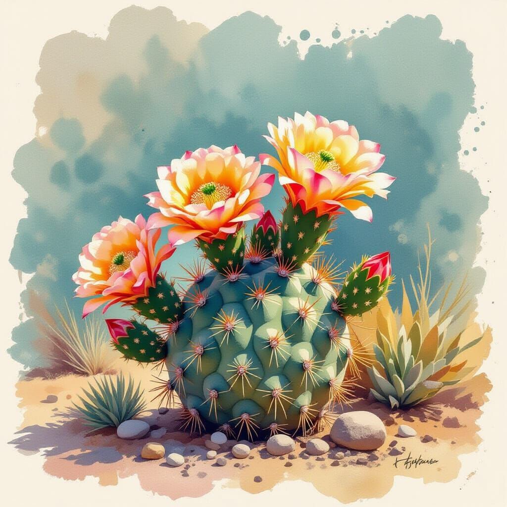 Flowering Fishhook Cactus in Monotype Art Style