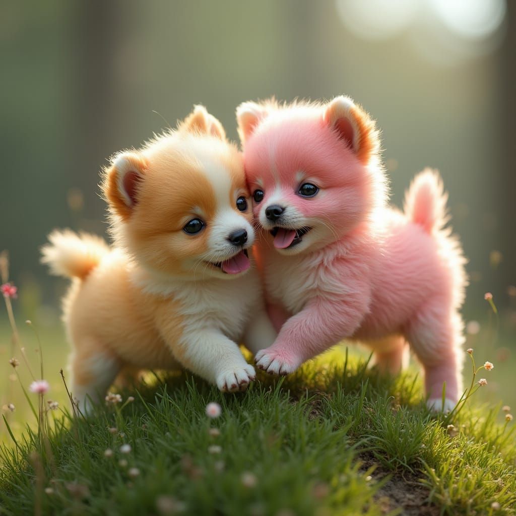 Papillon Puppies Play on Grassy Hill
