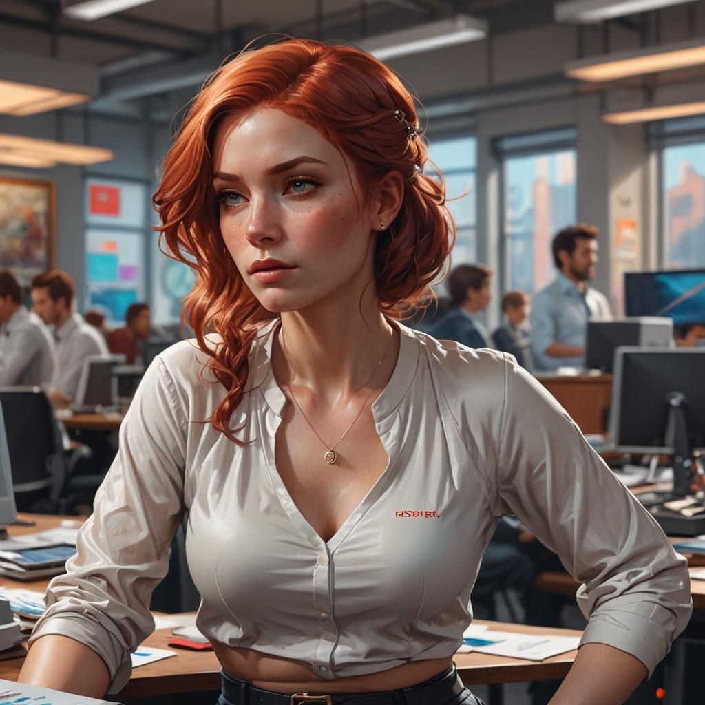 Redhead in Office: Hyperdetailed Art Nouveau Portrait