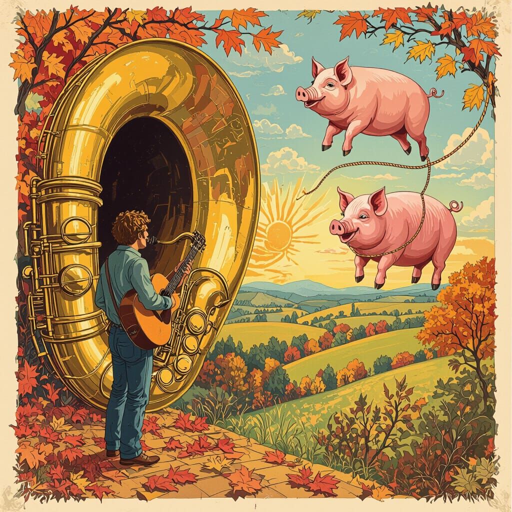 Psychedelic Art Poster: Man Plays Guitar by Giant Saxophone