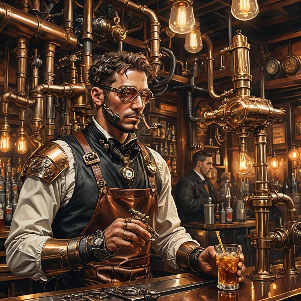Steampunk Cyborg at Bar: Digital Art in Oil Painting Style