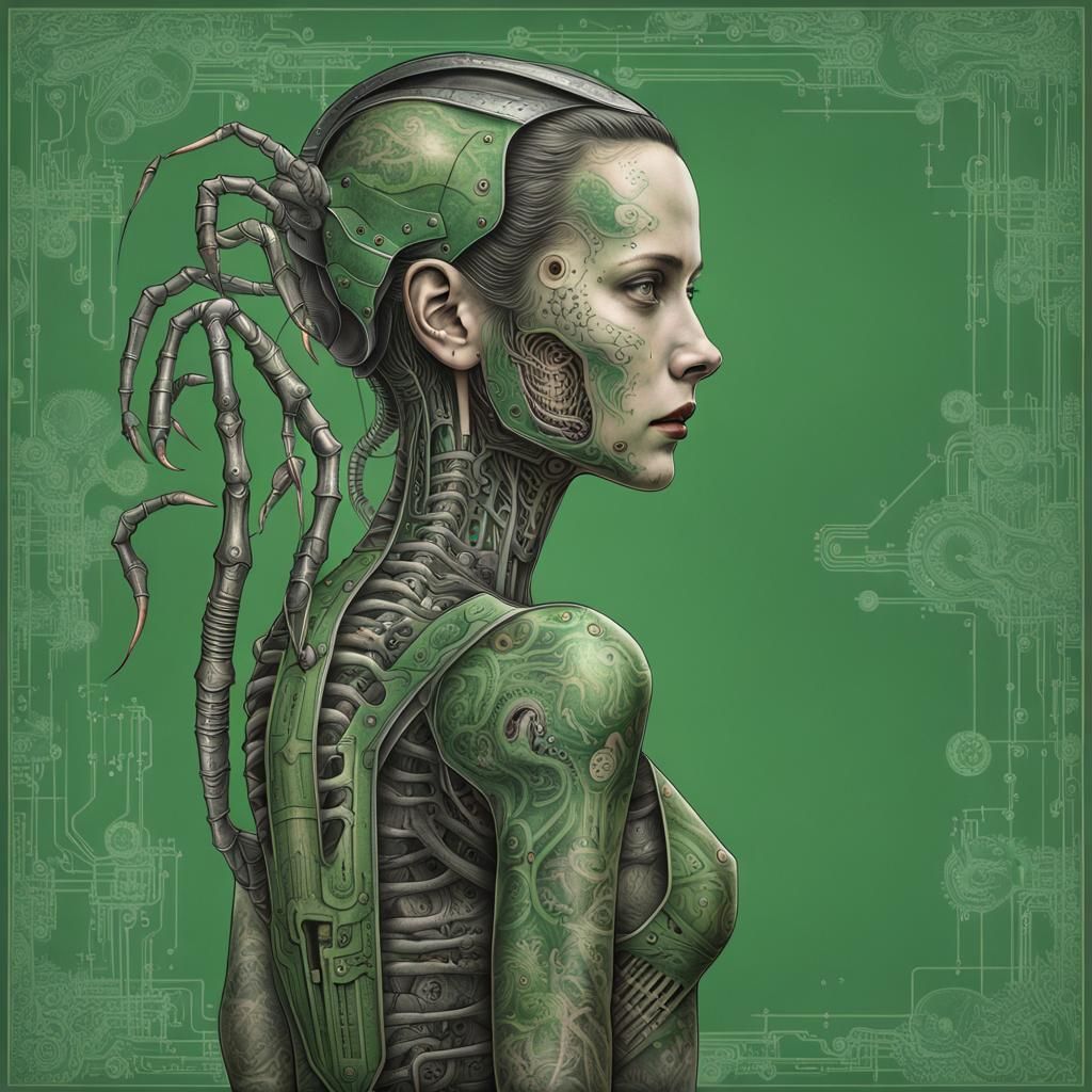 Cyborg Woman with Circuit Tattoos in Giger Style